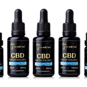 Incr-edibles Water Soluble CBD showing three black 30ml dropper bottles flanked by two 10ml black dropper bottles standing side by side in an upright position. A blue band with white writing also shows on the label stating “Broad Spectrum”